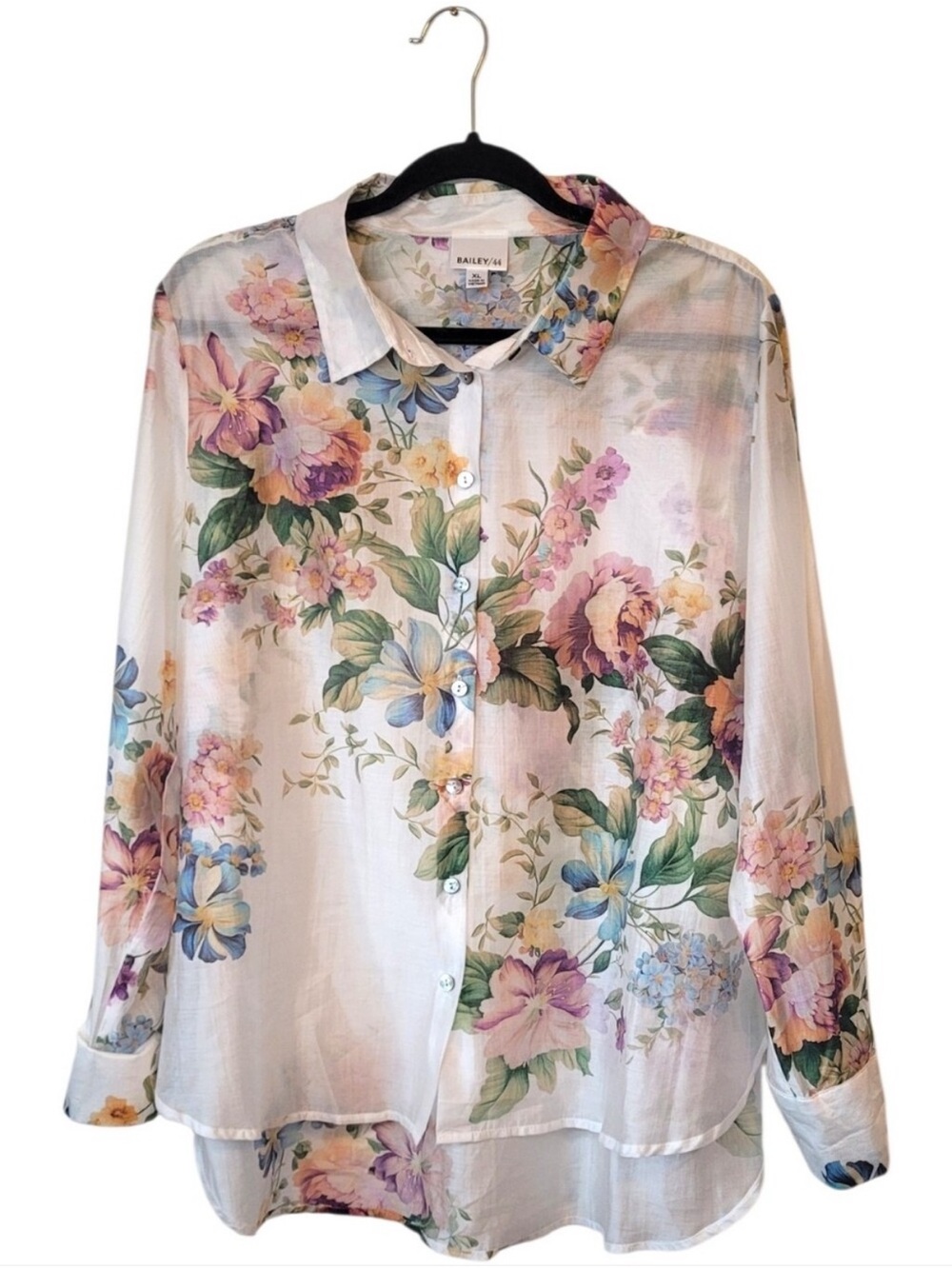 Bailey 44 White Floral Semi-Sheer Button Down Blouse Size XL